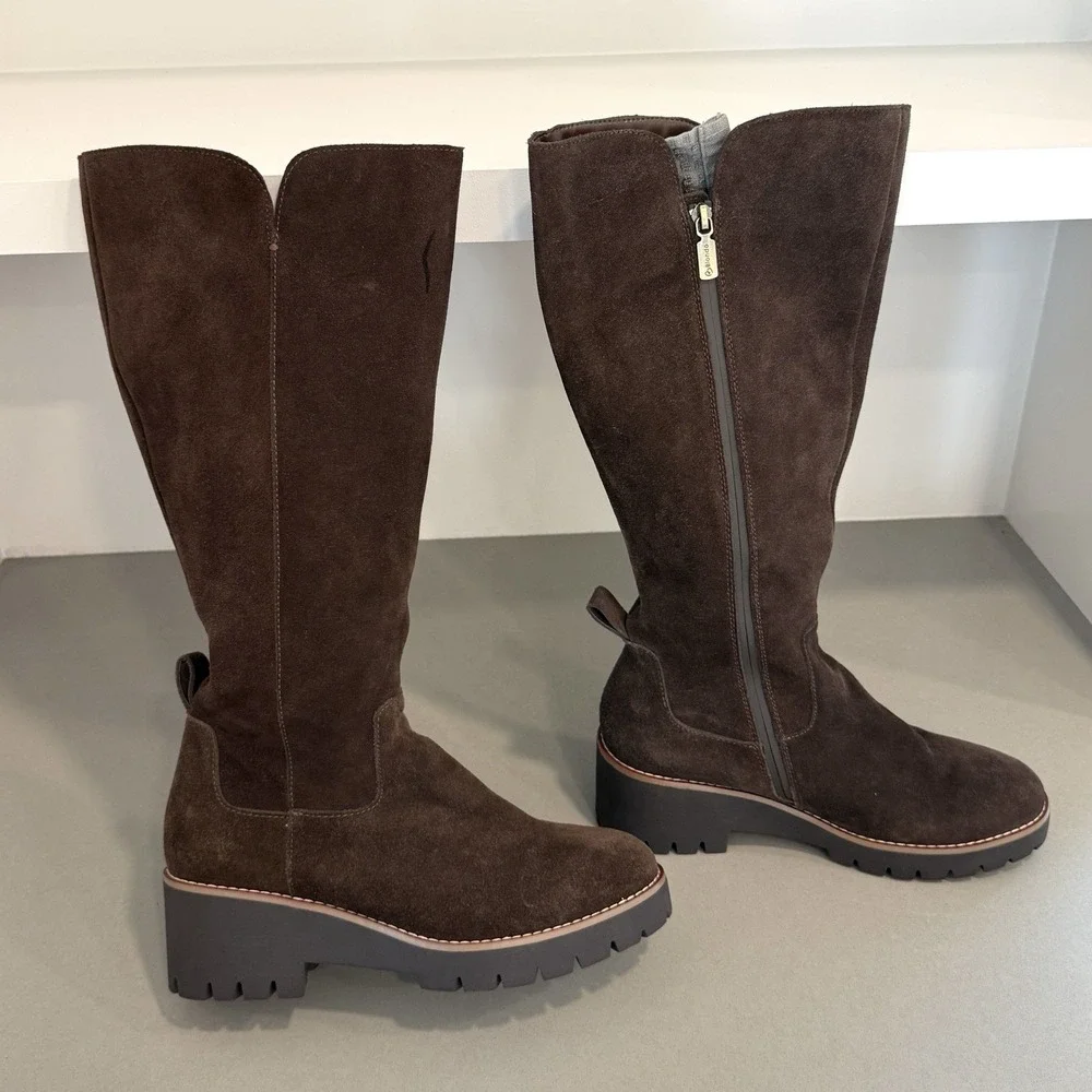 Blondo Deon Waterproof Boots Womens 9 Chocolate Brown Cow Suede Knee High Chunky